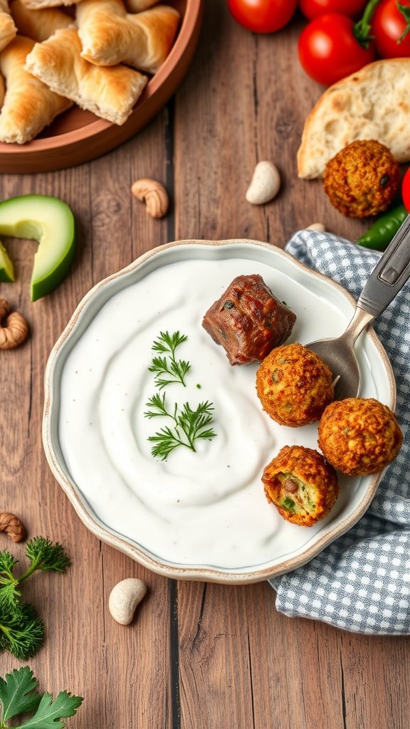 A bowl of tzatziki sauce with falafel and fresh herbs