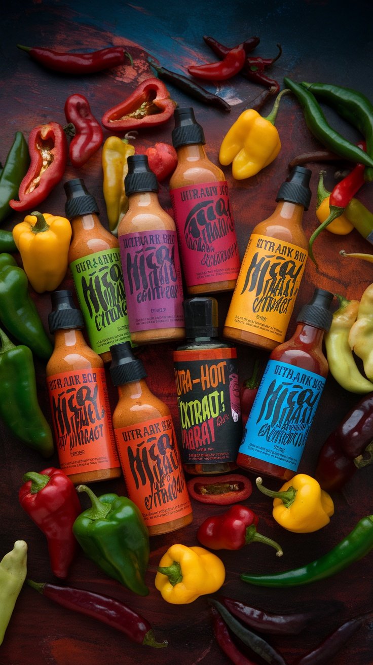 An array of colorful ultra-hot extract sauce bottles surrounded by various chili peppers.