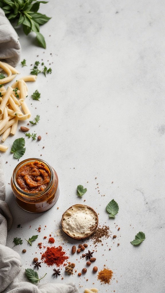 A jar of anchovy paste surrounded by pasta and fresh herbs on a light surface.
