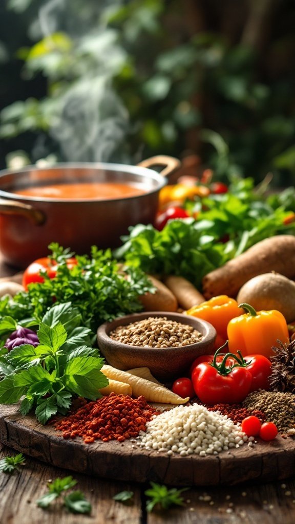 A variety of fresh herbs, spices, and vegetables surrounding a pot of steaming sauce.