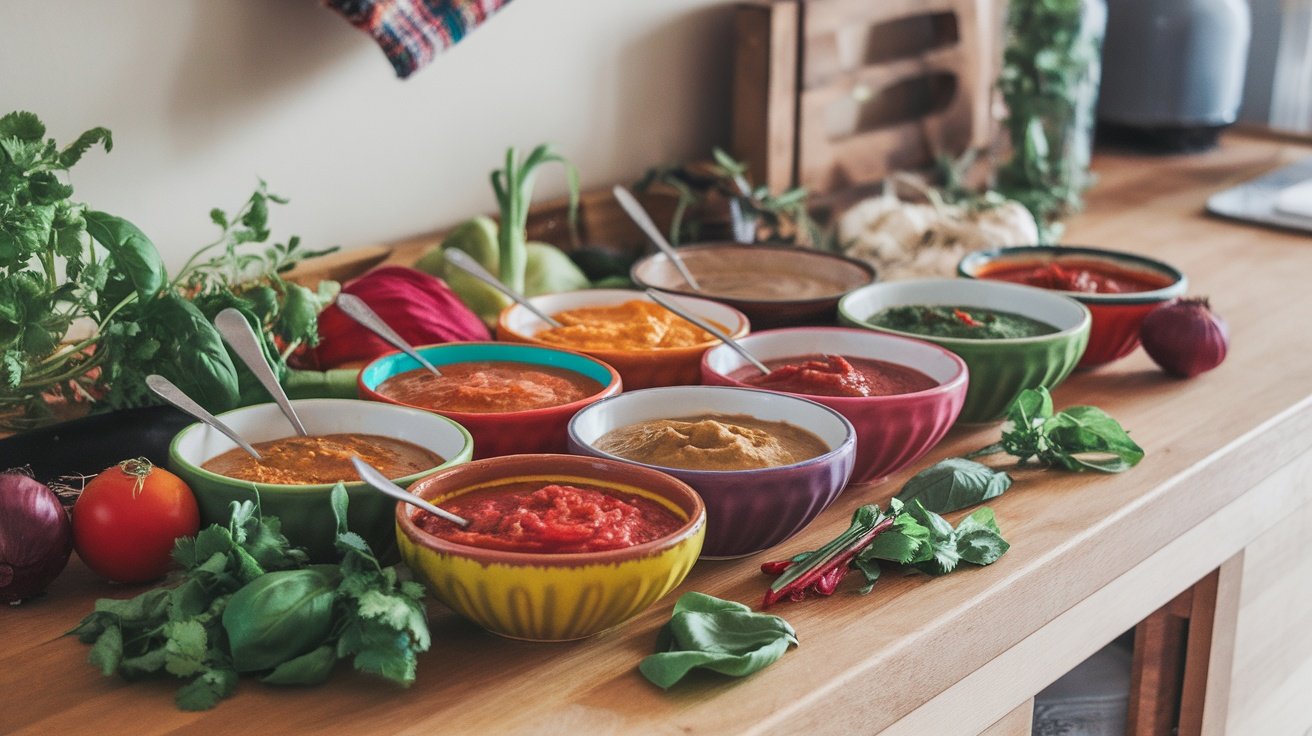 A variety of colorful vegan sauces in bowls on a wooden table surrounded by fresh herbs and vegetables.