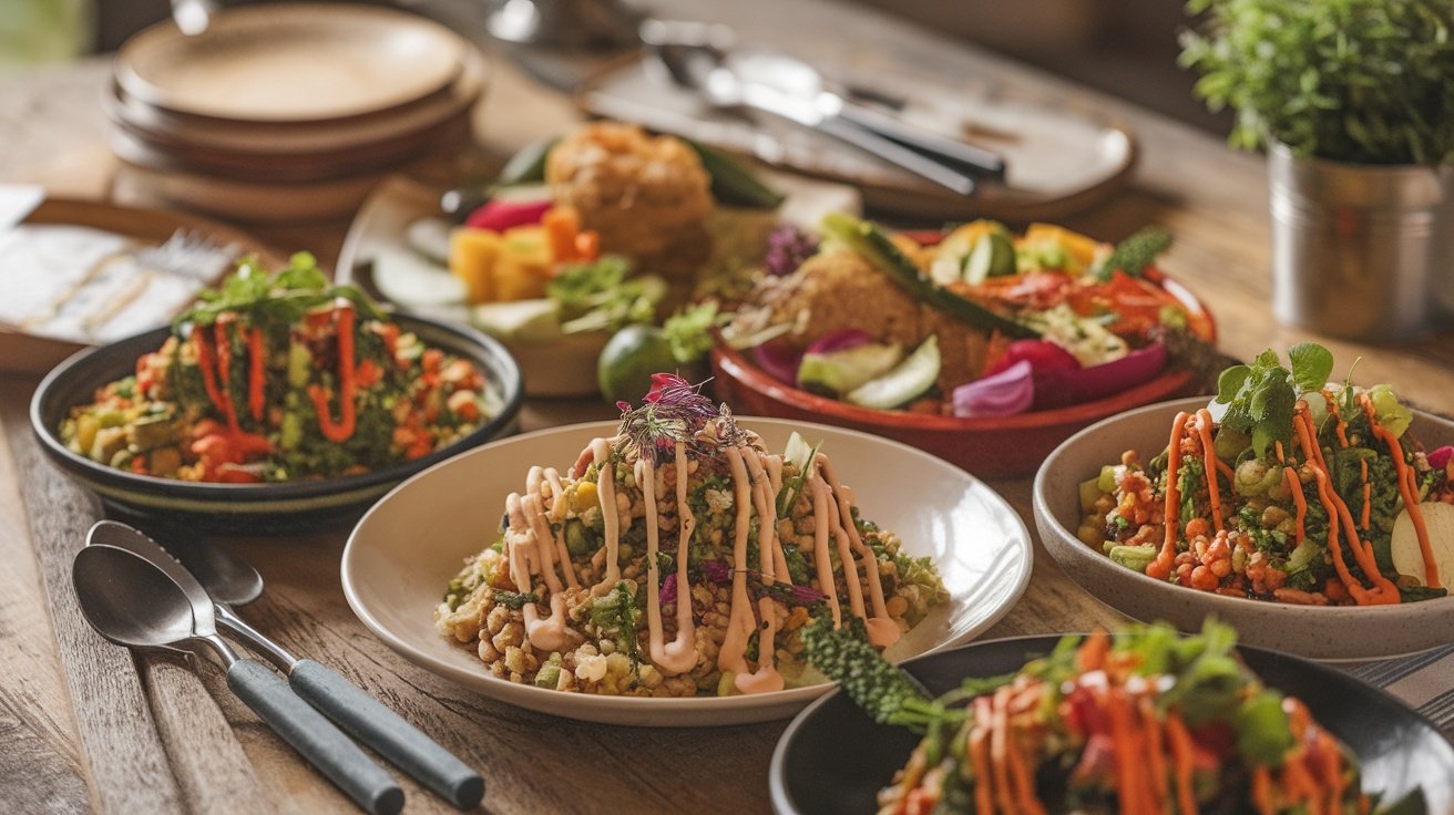 A variety of colorful vegetarian dishes with vibrant sauces on a wooden table