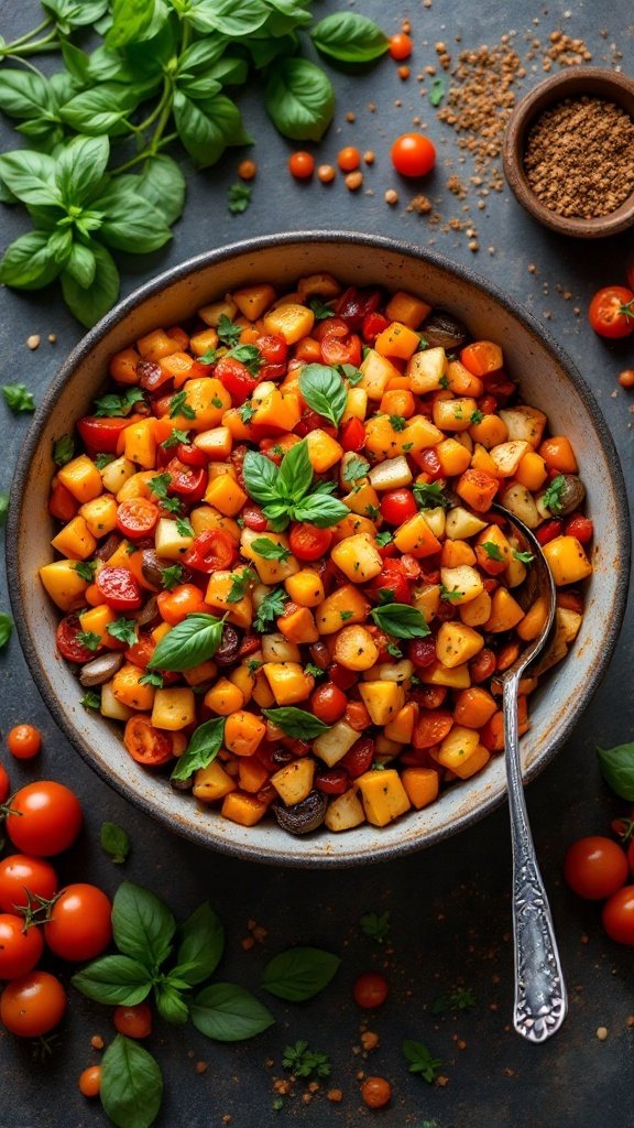 A bowl of colorful roasted vegetables garnished with fresh herbs.