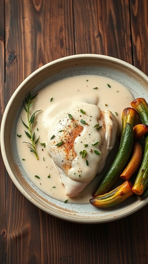 A plate of chicken with velouté sauce and colorful vegetables.