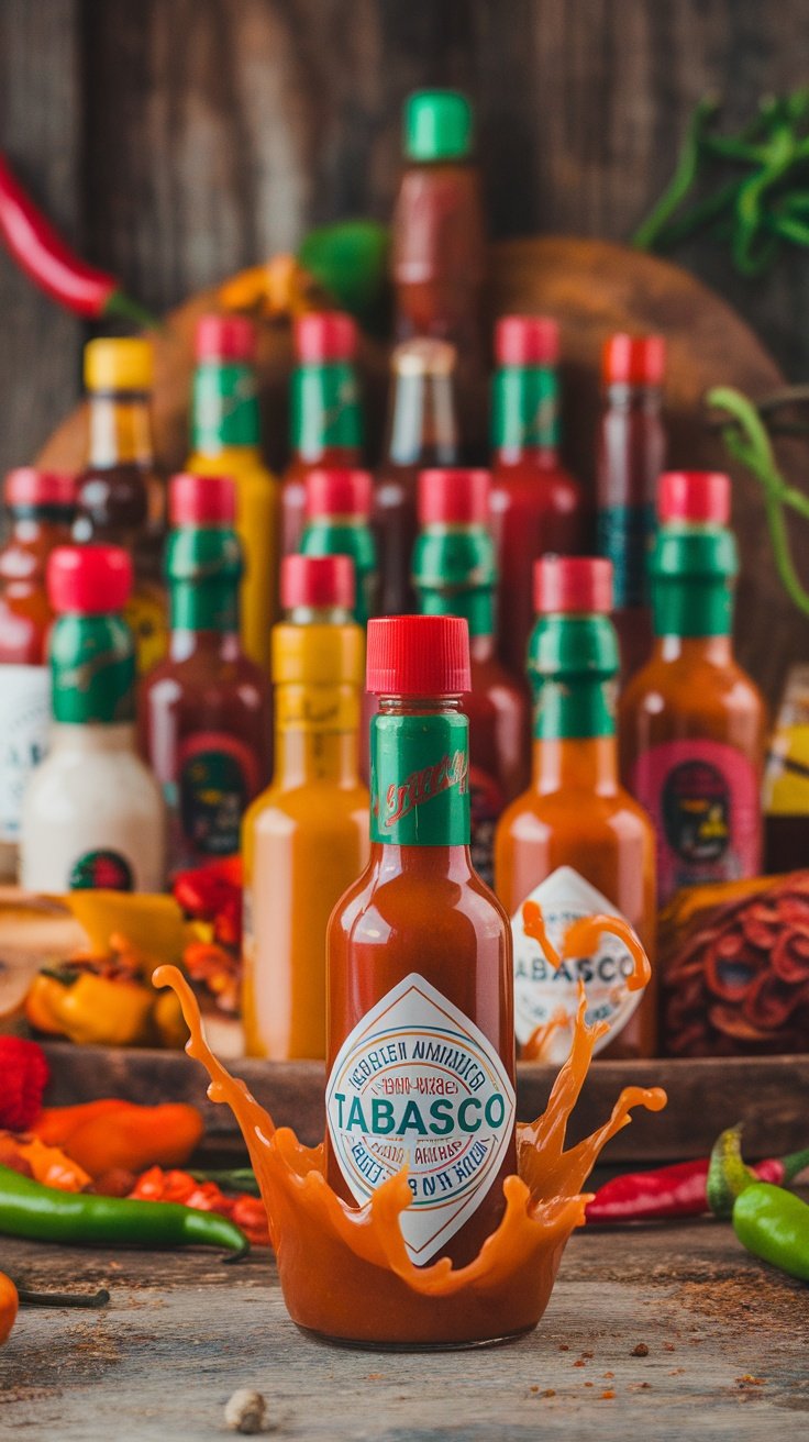 A collection of various hot sauce bottles with a focus on Tabasco, showcasing the vibrant colors and packaging.