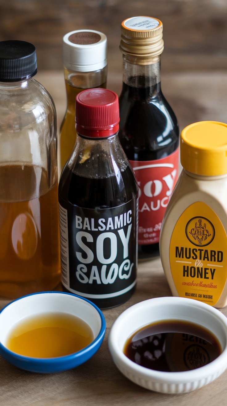 Various bottles of sauces and marinades on a wooden table.