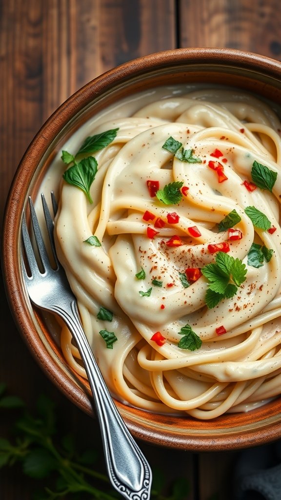 A bowl of creamy vodka sauce pasta garnished with herbs and red pepper flakes.