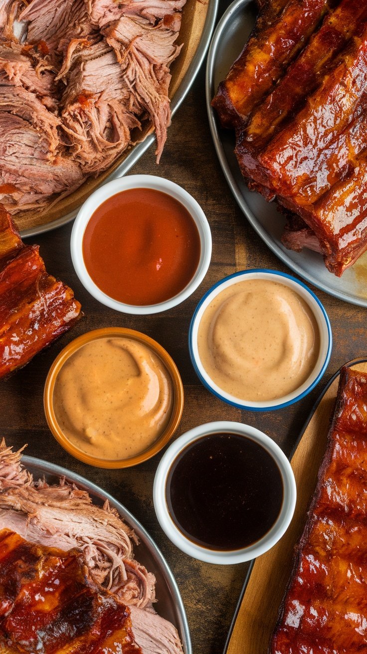 Various BBQ sauces and dishes including pulled pork and ribs