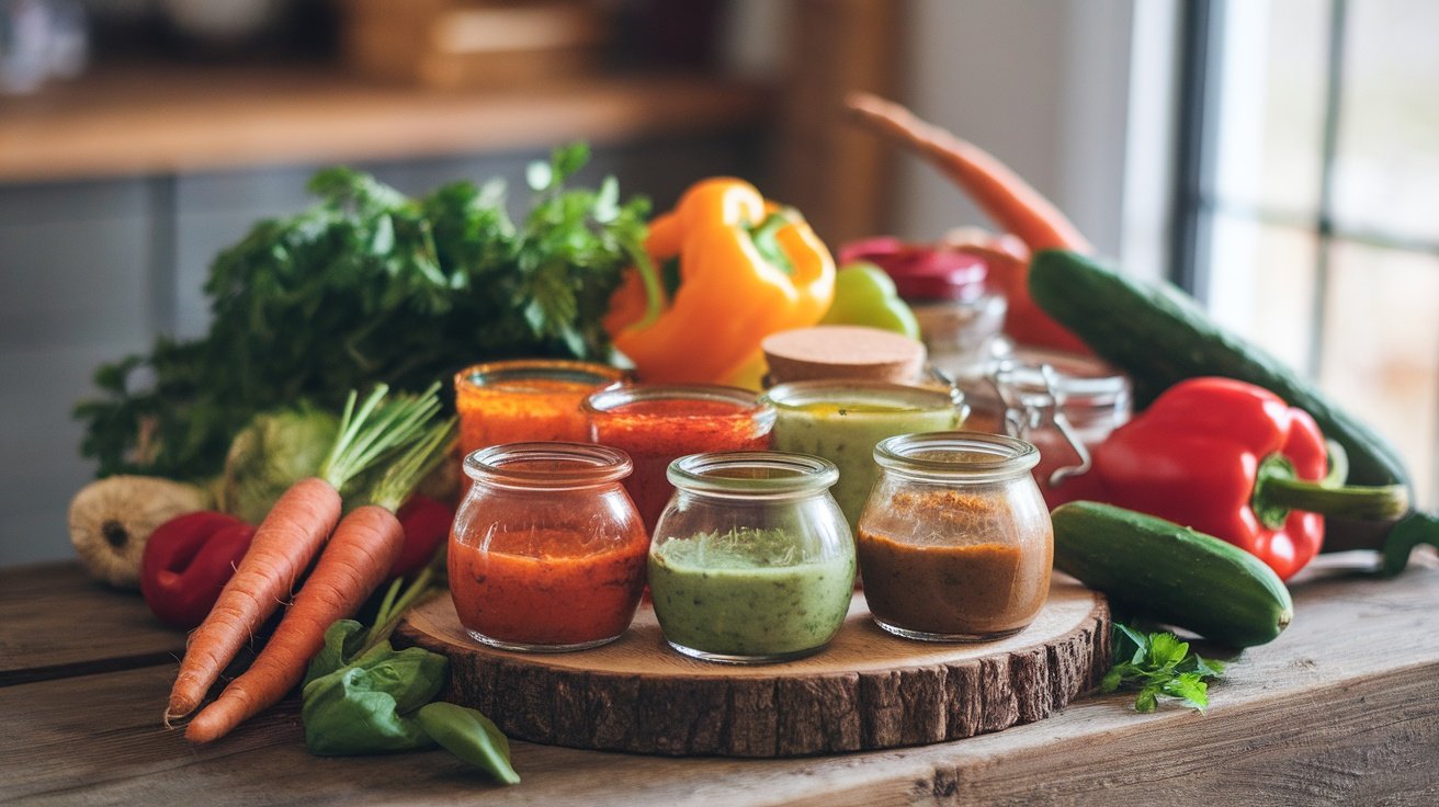 Variety of colorful sauces in jars surrounded by fresh vegetables on a wooden table.