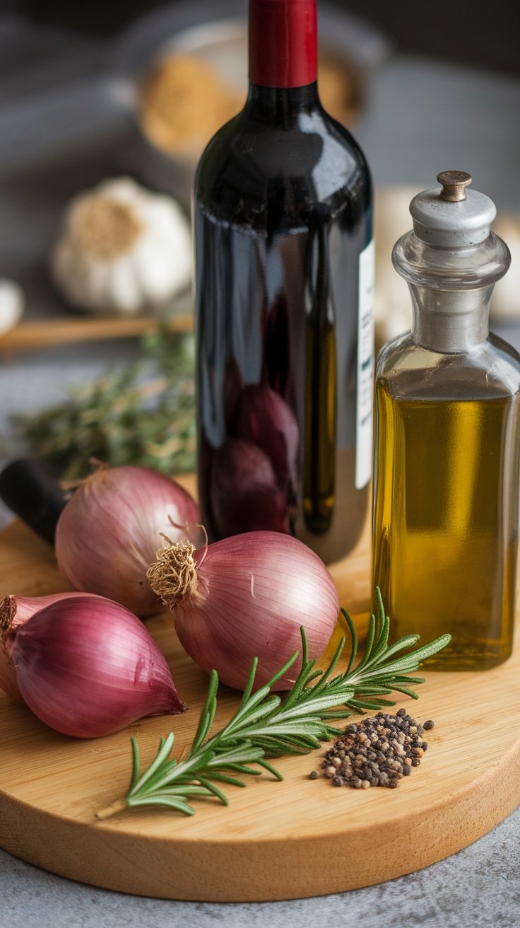 Ingredients for a wine-based marinade including red wine, shallots, rosemary, and olive oil.