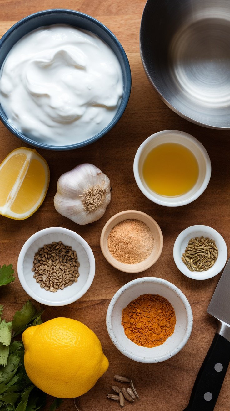 Ingredients for a yogurt-based marinade on a wooden surface