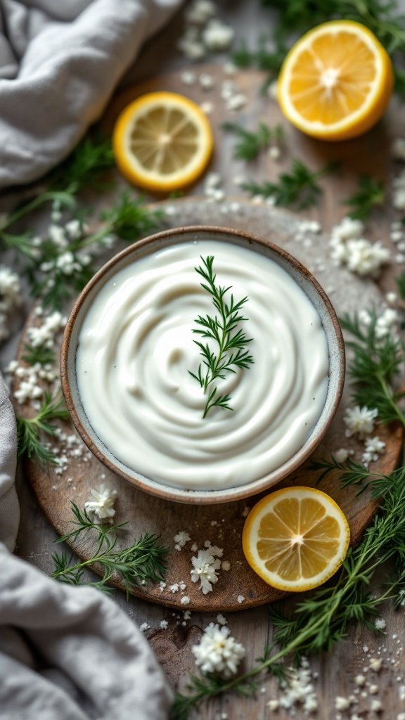 Bowl of yogurt dill sauce garnished with dill and lemon slices.