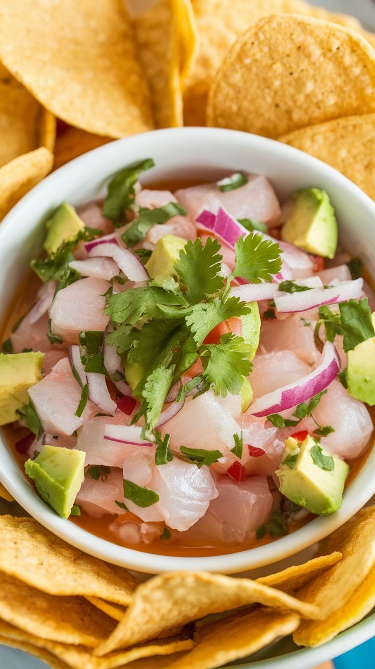 A bowl of fresh fish ceviche surrounded by tortilla chips