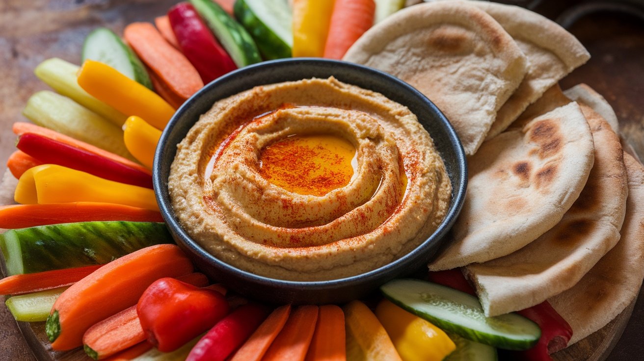 A bowl of zesty hummus surrounded by colorful veggie dippers and pita bread.