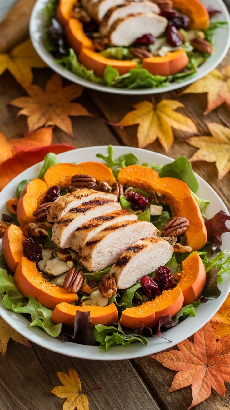 A vibrant fall salad with butternut squash, mixed greens, pecans, cranberries, and chicken, topped with apple cider vinaigrette, set on a rustic table.