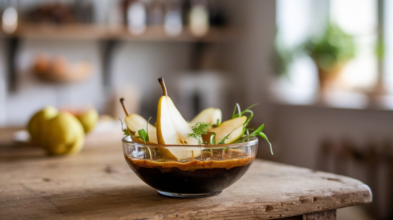 A bowl of balsamic pear dressing, garnished with pear slices and herbs, on a rustic wooden table.