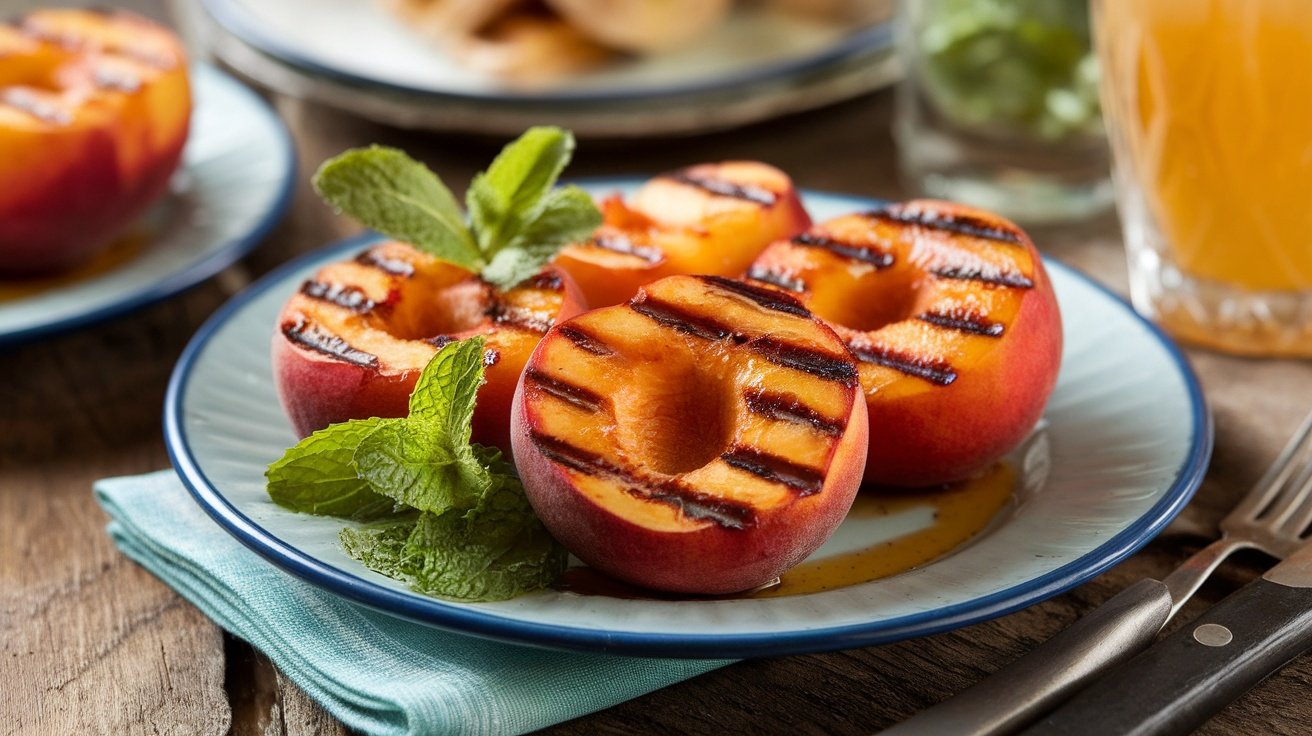 Grilled peaches with chipotle glaze on a plate, garnished with mint.
