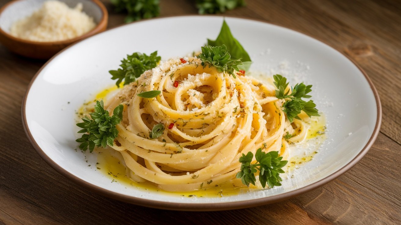 A plate of pasta in garlic and herb olive oil sauce, garnished with parsley and Parmesan, on a rustic table.