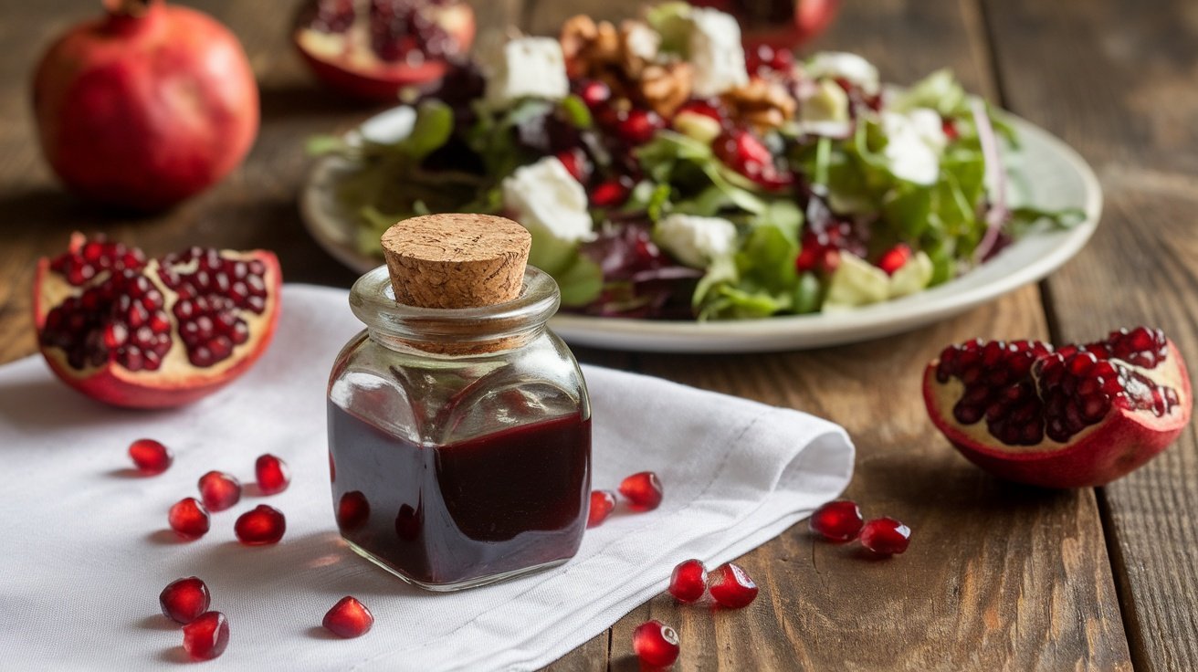 A jar of thick pomegranate molasses on a wooden table with fresh pomegranates and a salad drizzled with the sauce.