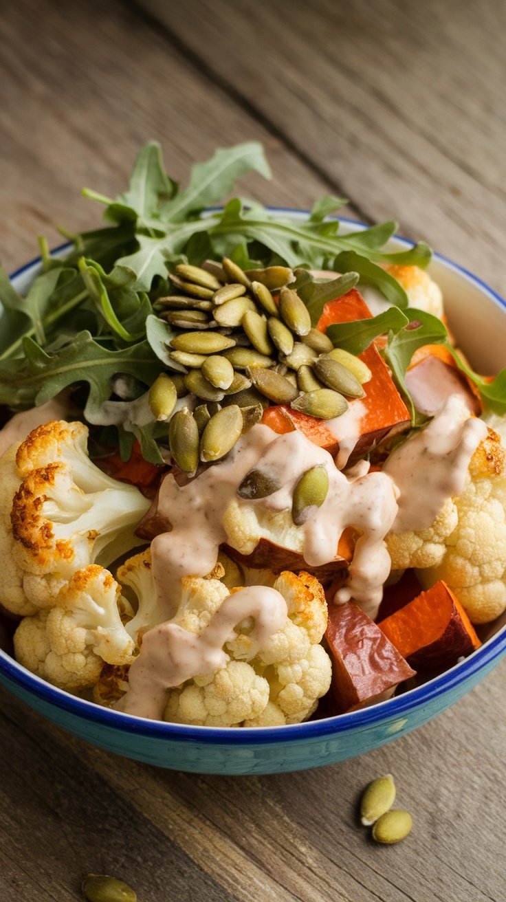 A vibrant bowl of roasted cauliflower and sweet potatoes with arugula and pumpkin seeds, drizzled with lemon tahini dressing on a rustic table.