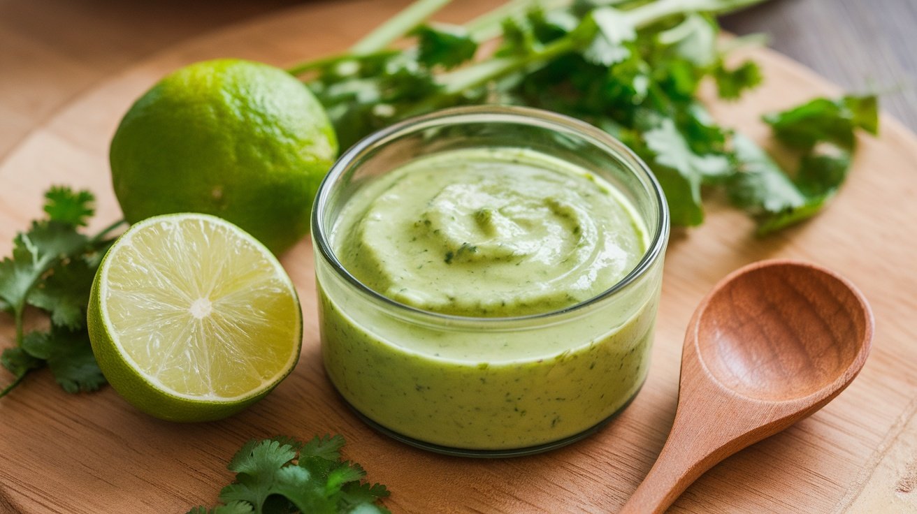 A bowl of green cilantro lime dressing with lime and cilantro in a rustic kitchen.