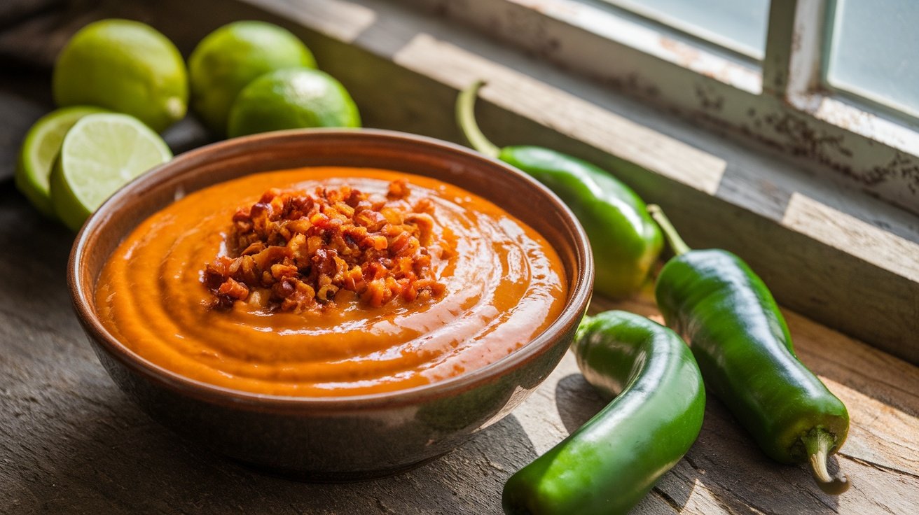 A bowl of chipotle lime glaze with fresh limes and chipotle peppers.