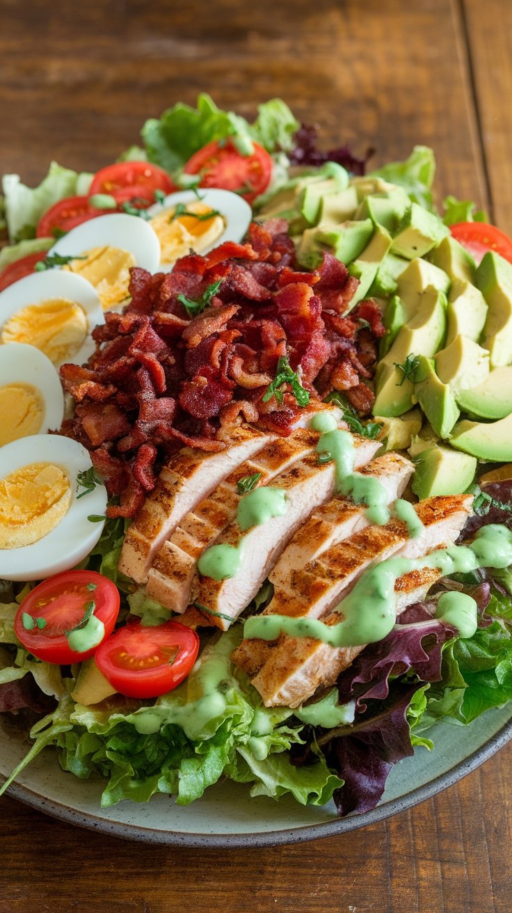 Chopped Cobb Salad with grilled chicken, bacon, eggs, avocado, and green goddess dressing on a wooden table.