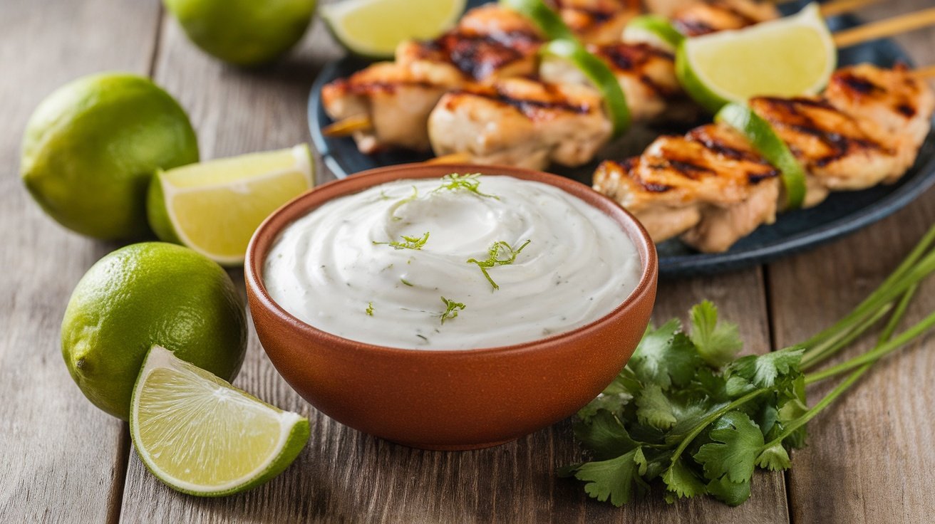 A bowl of creamy coconut lime marinade with grilled chicken skewers garnished with lime.