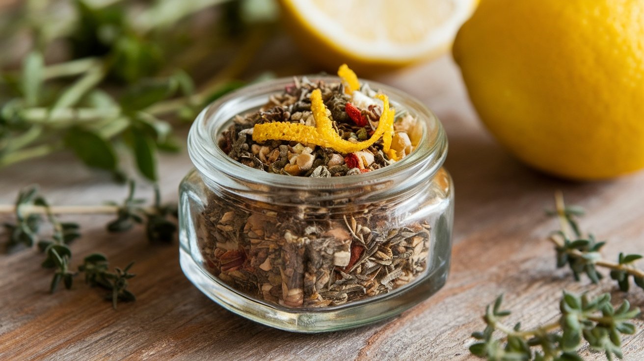 Glass jar of Greek seasoning blend with herbs and lemon on a wooden table.