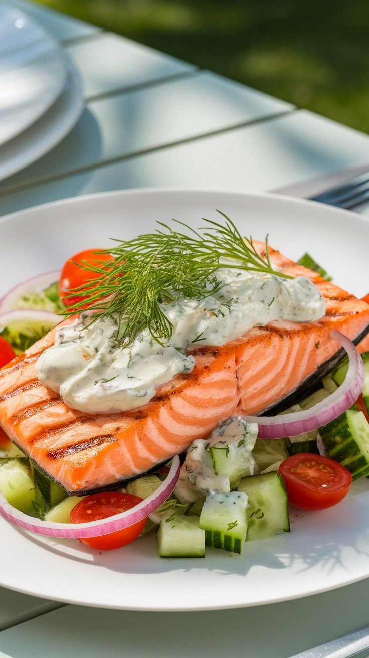 Grilled salmon fillet with creamy dill dressing, served with cucumber, tomato, and red onion salad on an outdoor table.