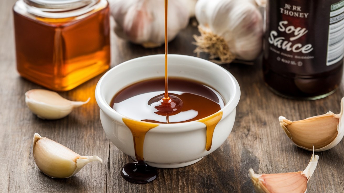 Sweet and Savory Honey Garlic Soy Glaze A bowl of honey garlic soy glaze with garlic, honey, and soy sauce in the background on a wooden table.