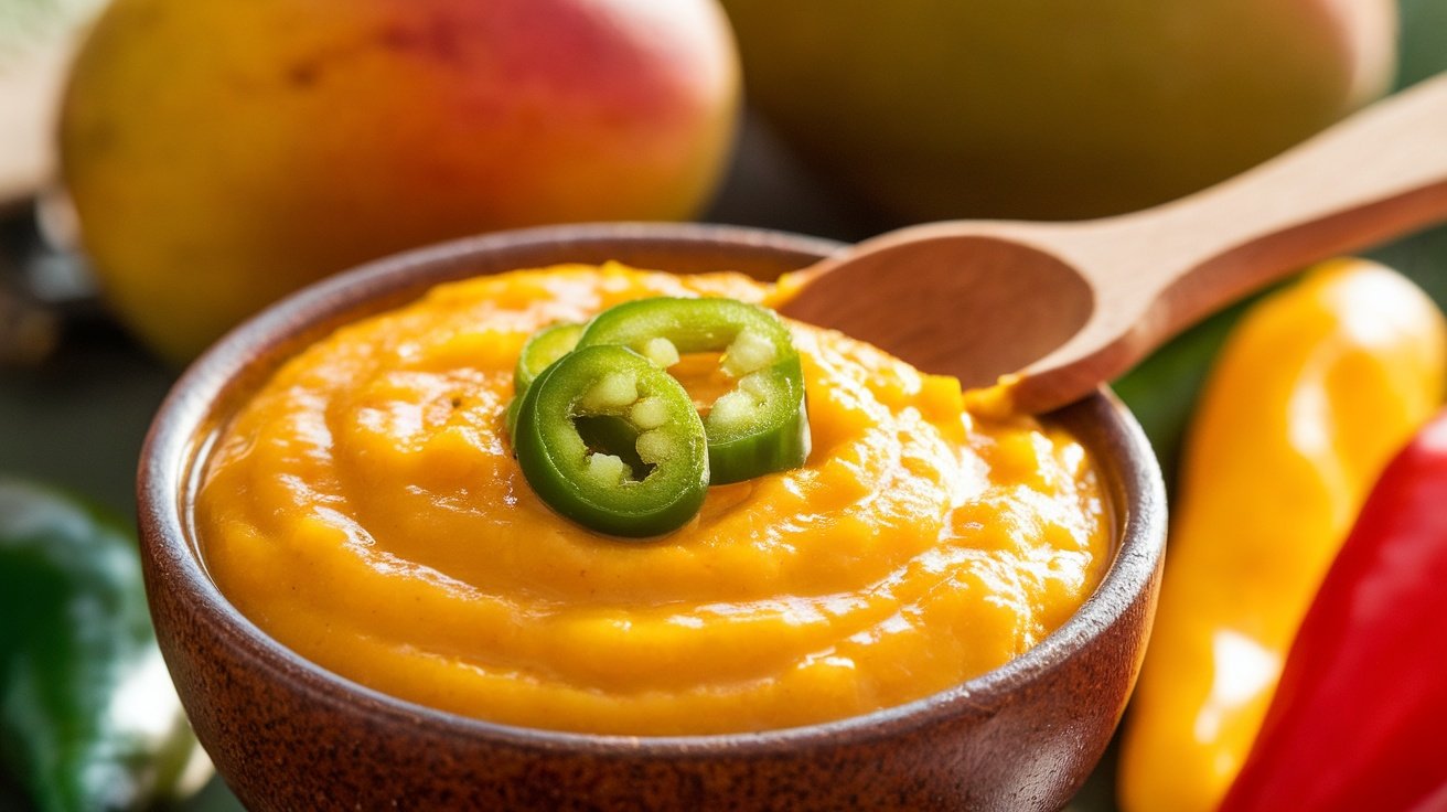 A bowl of sweet and spicy mango sauce garnished with jalapeños, with fresh mangoes and peppers in the background.