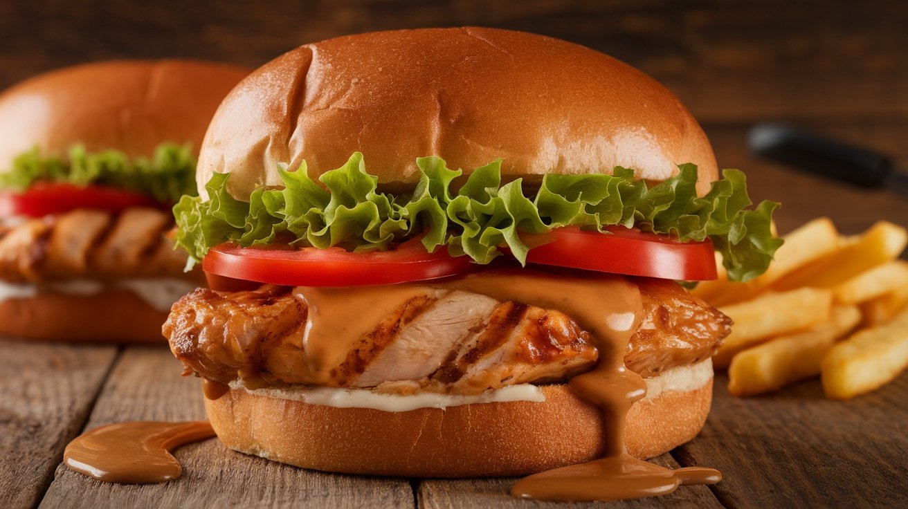 Grilled chicken sandwich with maple mustard glaze, lettuce, and tomato on a wooden table with fries.