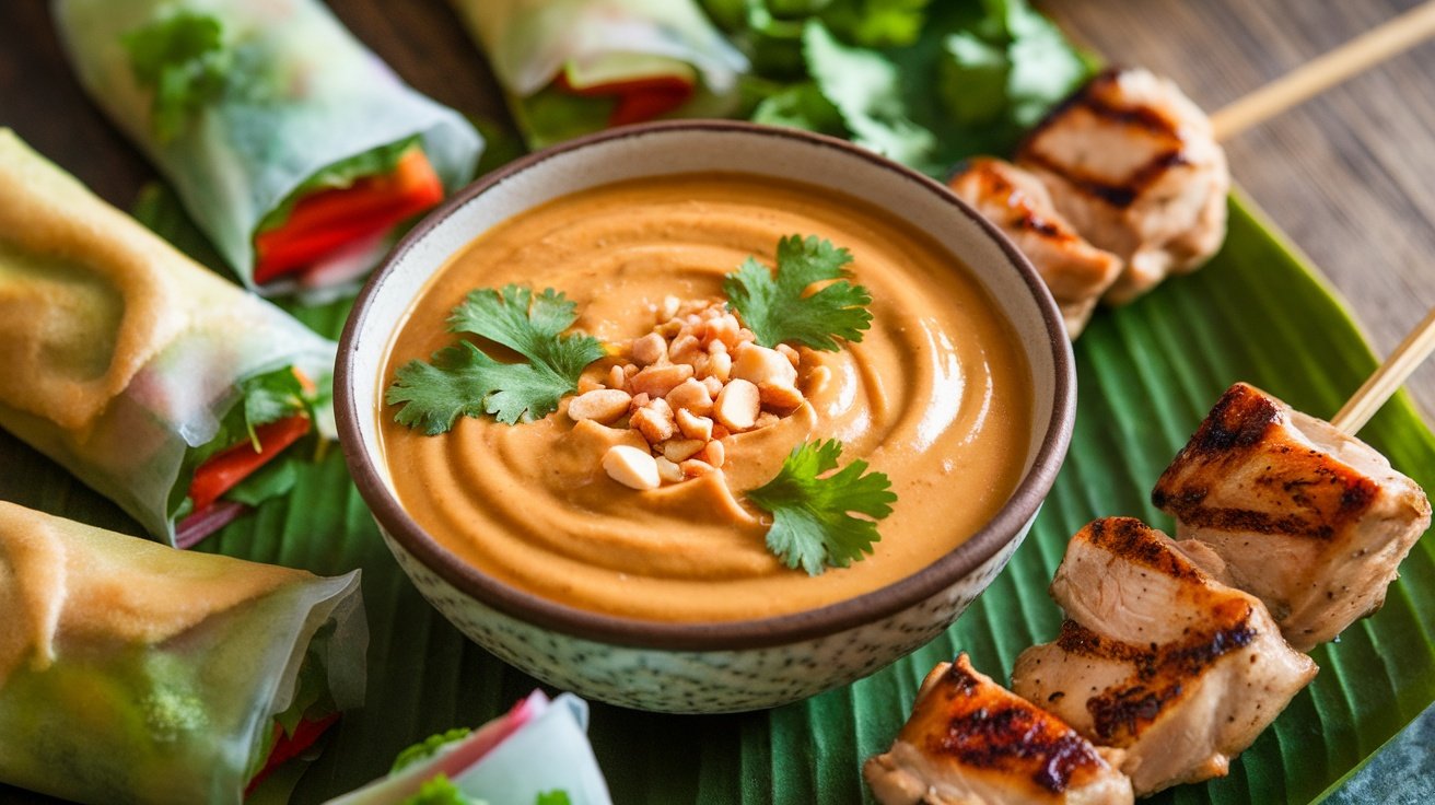 A bowl of Thai peanut sauce garnished with peanuts and cilantro beside fresh spring rolls and grilled chicken skewers.