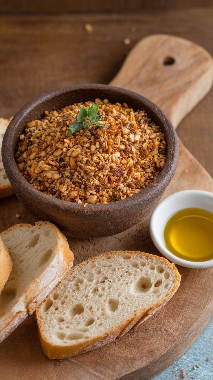 A bowl of dukkah with nuts and sesame seeds, served with olive oil and bread.