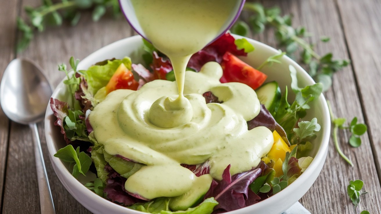 A smooth green avocado yogurt dressing in a bowl with a fresh salad, garnished with herbs on a wooden table.