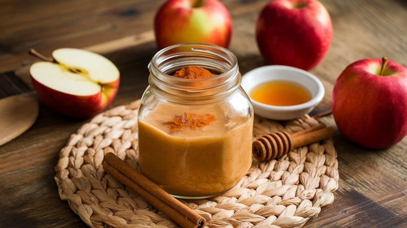 A jar of apple cider dressing with apples, cinnamon stick, and honey on a wooden table.