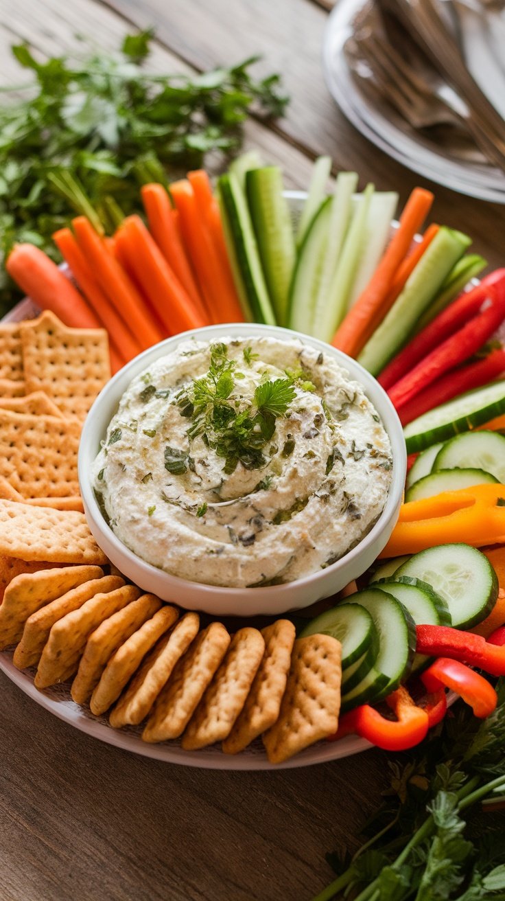 A bowl of herbed goat cheese dip with fresh vegetables and crackers on a wooden table.