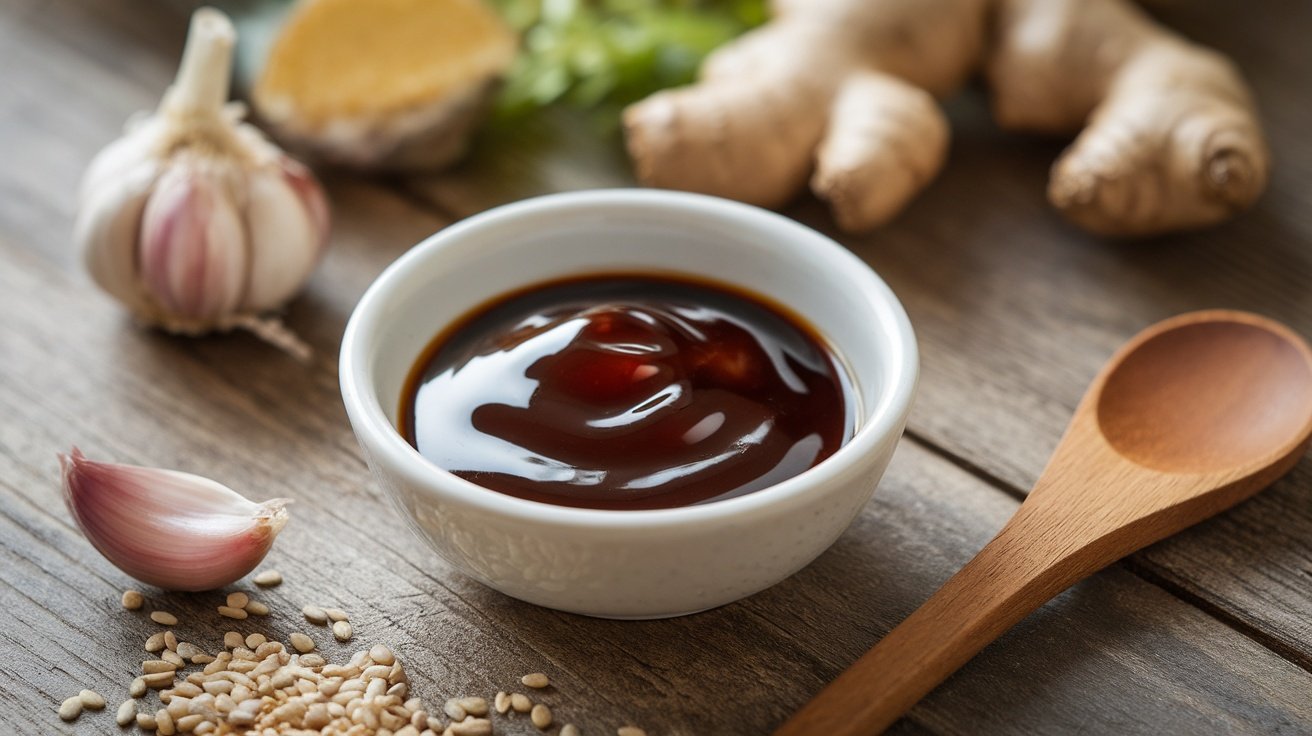 A bowl of sweet soy glaze with garlic and ginger, on a rustic wooden table.