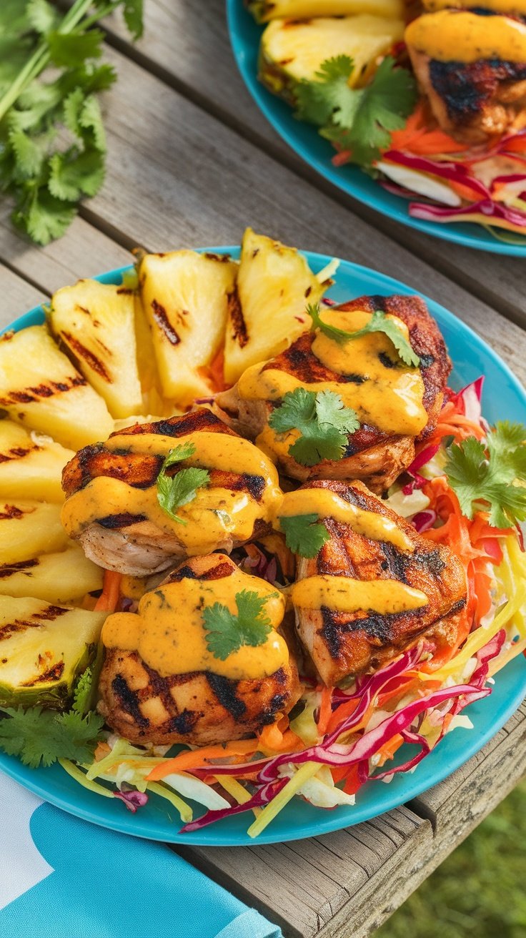 Grilled chicken thighs with spicy mango lime dressing, jicama slaw, and grilled pineapple on a wooden table.