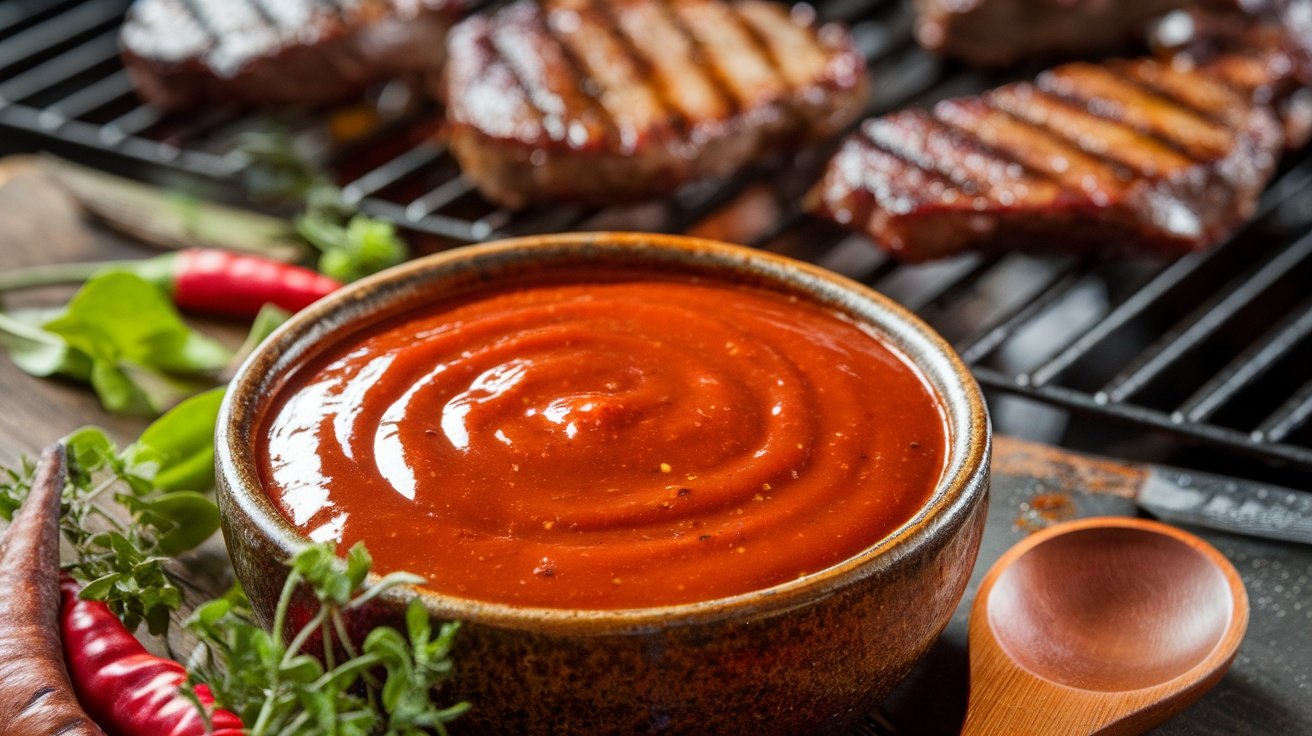 A bowl of chipotle BBQ sauce with grilled meats in the background.