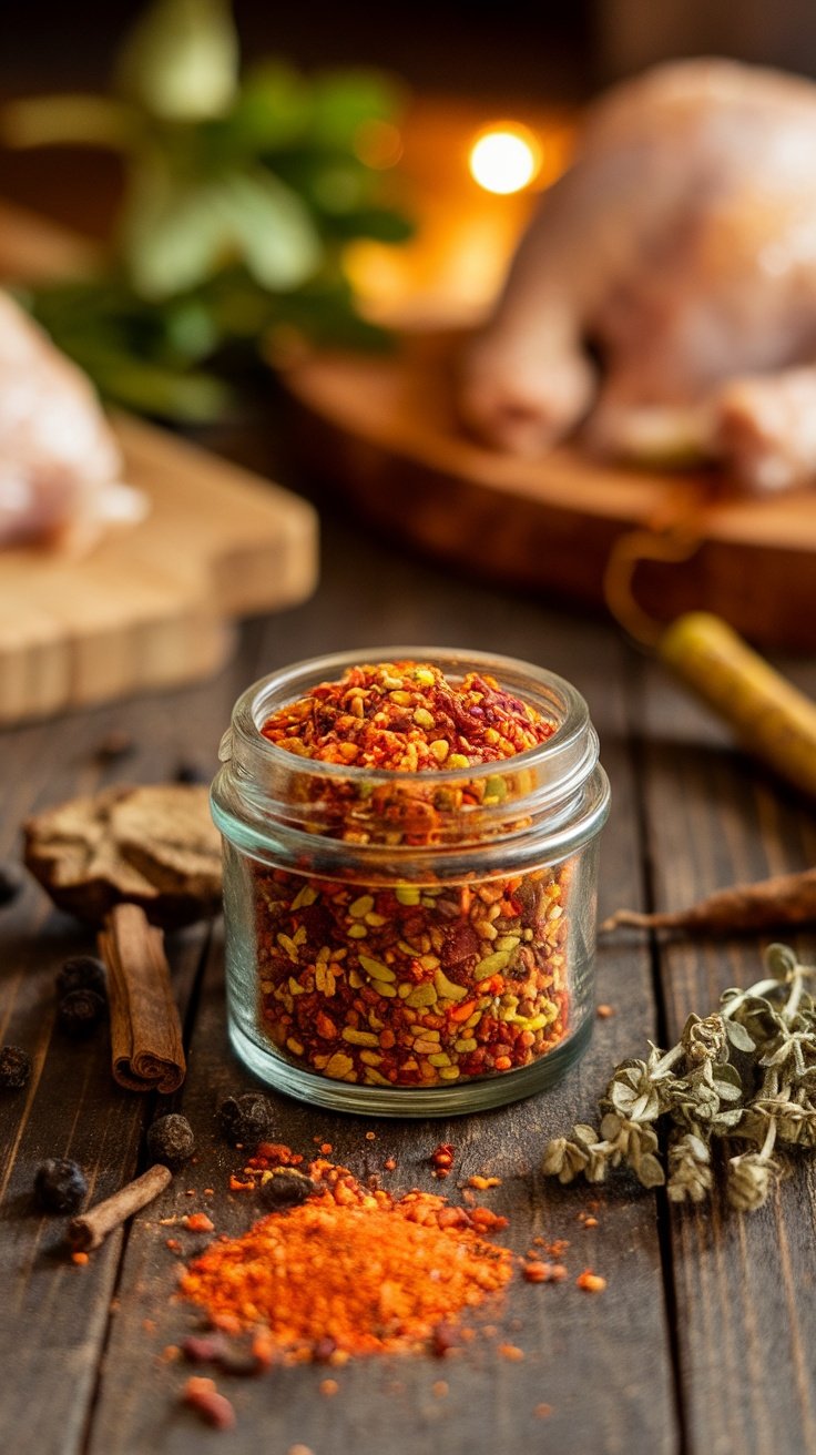 A jar of homemade jerk seasoning with various spices and raw ingredients for cooking.