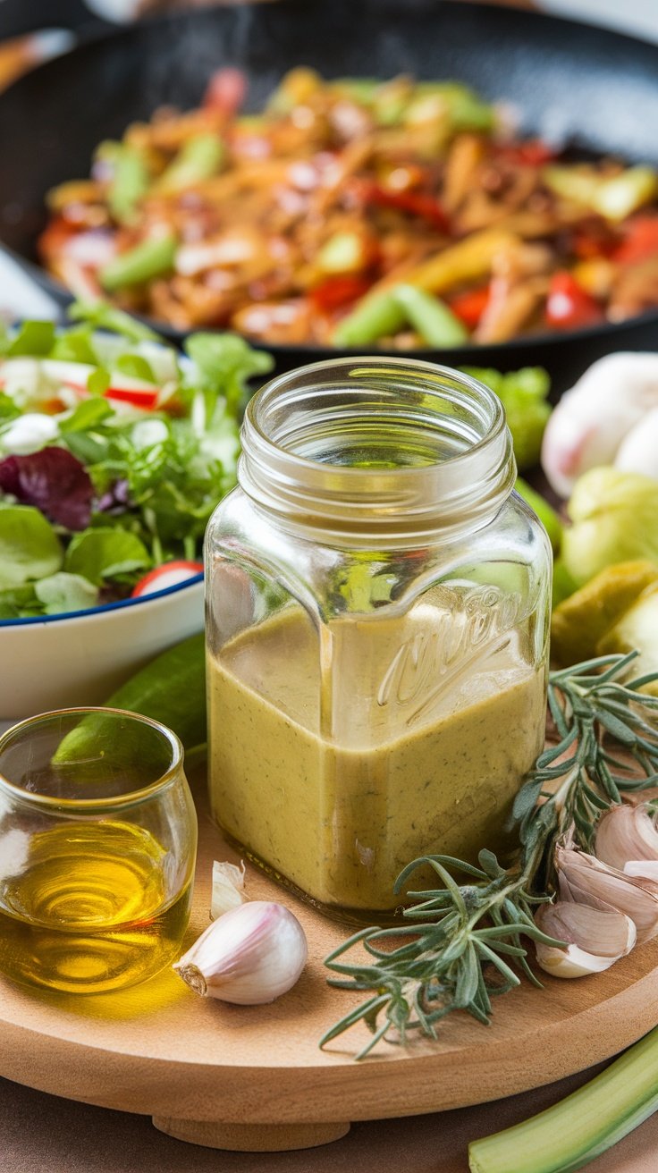 A jar of vinaigrette surrounded by fresh salad ingredients and a stir-fry in the background.