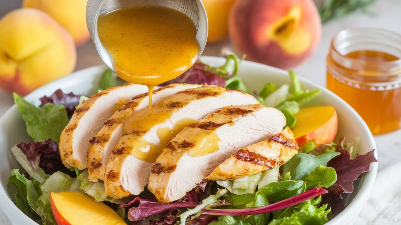 Bowl of peach ginger vinaigrette over a fresh salad with grilled chicken, peaches, and colorful veggies.