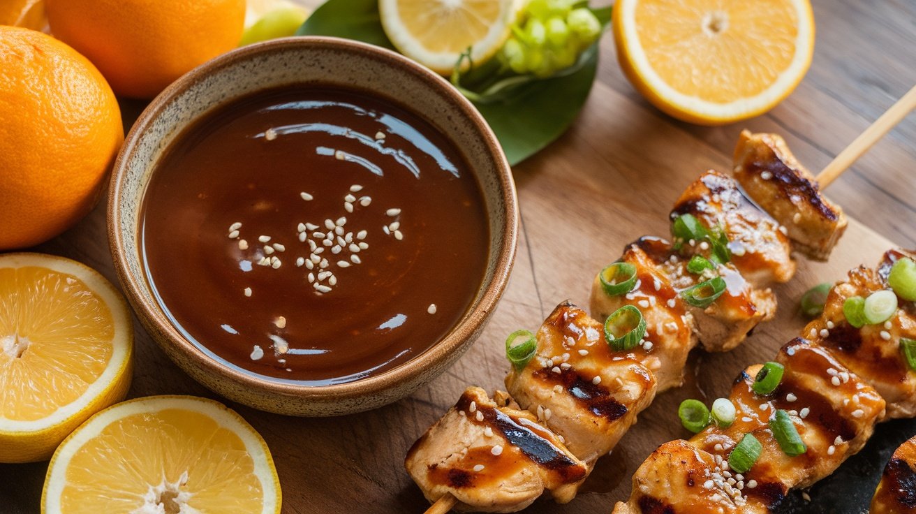 A bowl of citrus teriyaki glaze with grilled chicken skewers, garnished with sesame seeds and green onions, surrounded by fresh oranges and lemons.