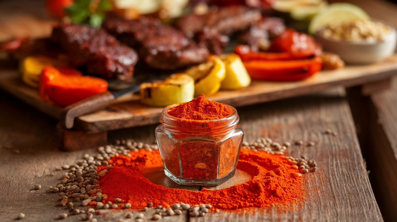 A jar of shawarma spice blend with scattered spices and grilled meats on a rustic table.