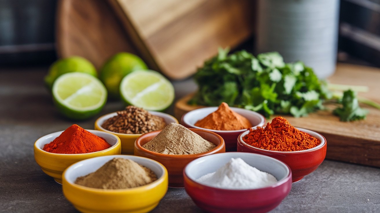 Colorful spices for fajita seasoning with lime and cilantro on a wooden kitchen counter.
