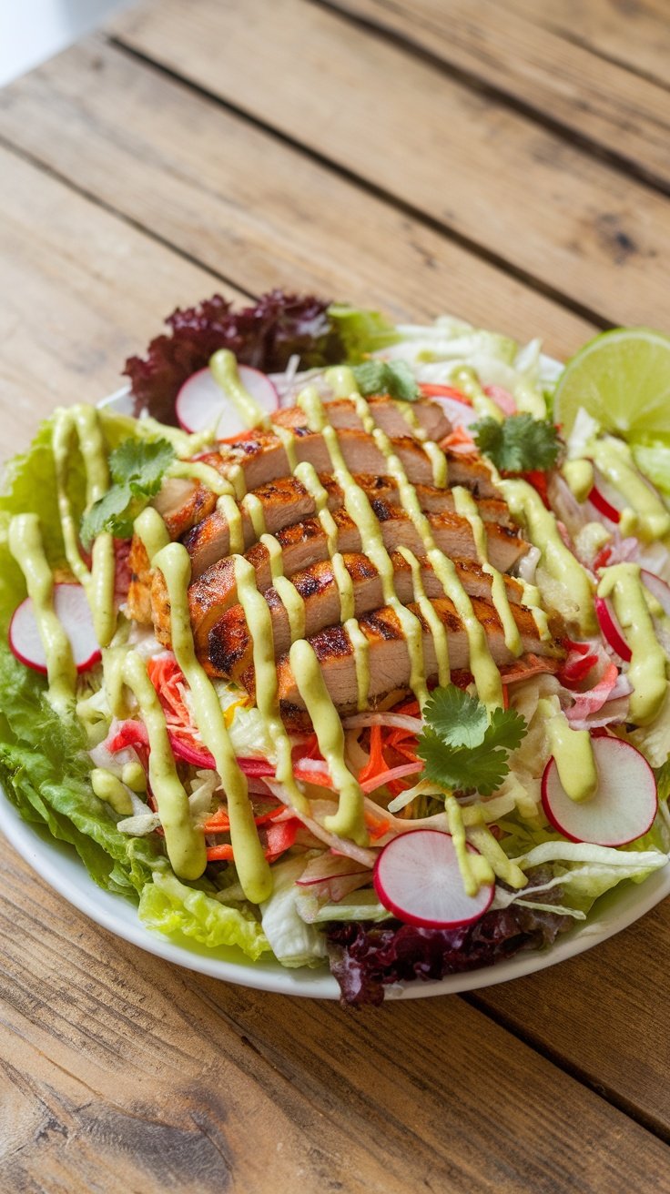 Grilled chicken salad with romaine, cabbage, radishes, jicama, and avocado lime dressing on a wooden table.