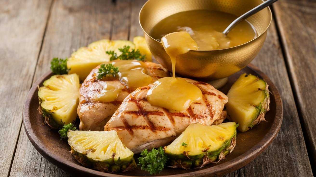 Tangy Pineapple Ginger Glaze Recipe A bowl of pineapple ginger glaze drizzled over grilled chicken, garnished with slices of pineapple and parsley.