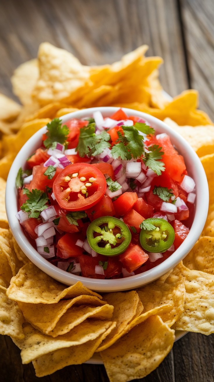 A bowl of fresh tomato salsa with diced tomatoes, onions, and cilantro, surrounded by tortilla chips.